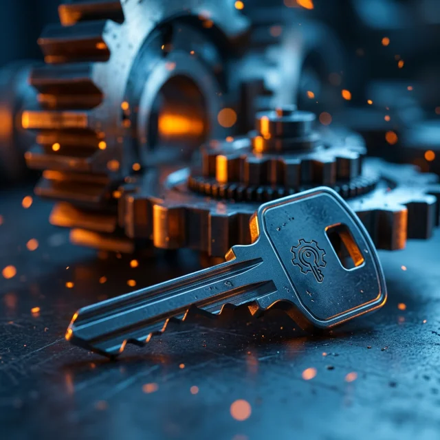 Machined steel key with a gear engraved on the bow, assembled machine behind