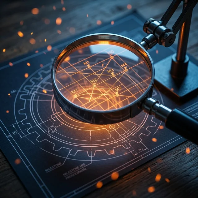 Magnifying loupe over a glowing gear blueprint with milestone markers