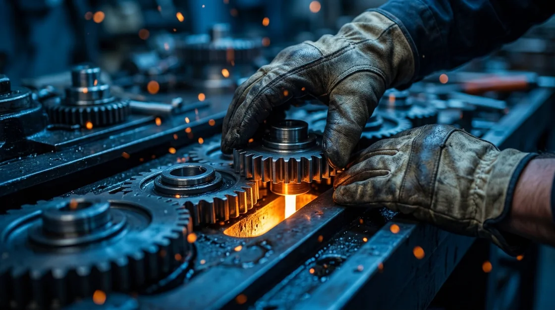 Gloved hands seating the final gear into a glowing gear train