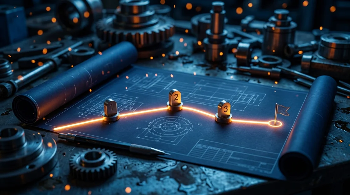 Glowing route across a blueprint through numbered milestones to a flag