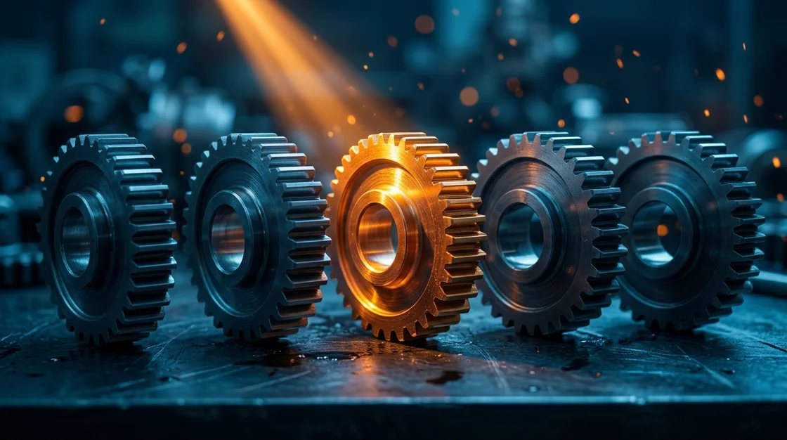 Beam of light sweeping a row of steel gears, lighting up exactly one